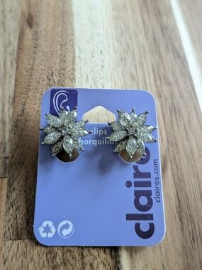 Claire's Silver Rhinestone Flower Burst Clip On Earrings